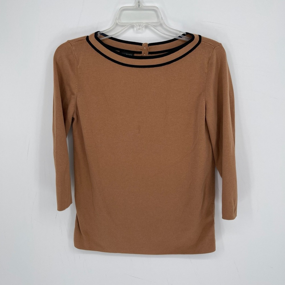 Talbots Women's Brown Contrast Trim Button Back 3/4 Sleeve Knit Top Size M